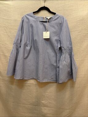beachlunchlounge Light Blue & White Pinstripe Bell Sleeve Top